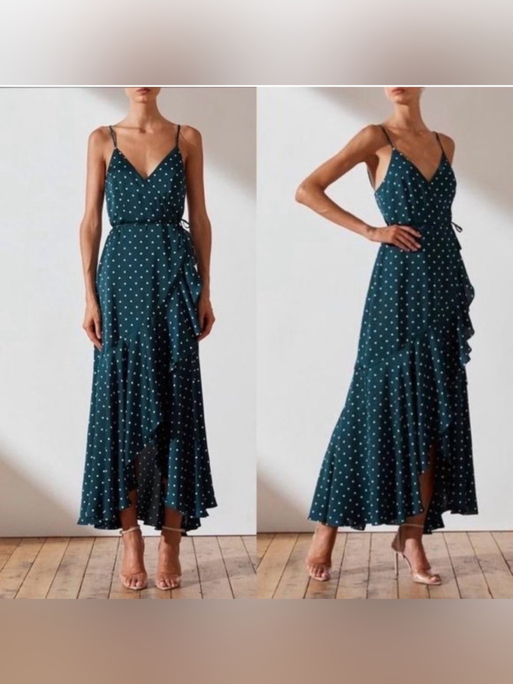Shona Joy Martina Emerald Polka Dot Ruffled Wrap Midi Dress